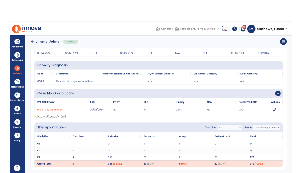 Can’t find what you’re looking for? With Innova, you can confirm patient Diagnosis, Status, Goals, GG Status, Documentation, Minutes and Outcome in seconds, without all the clicking, scrolling and toggling required with today’s EHR systems.